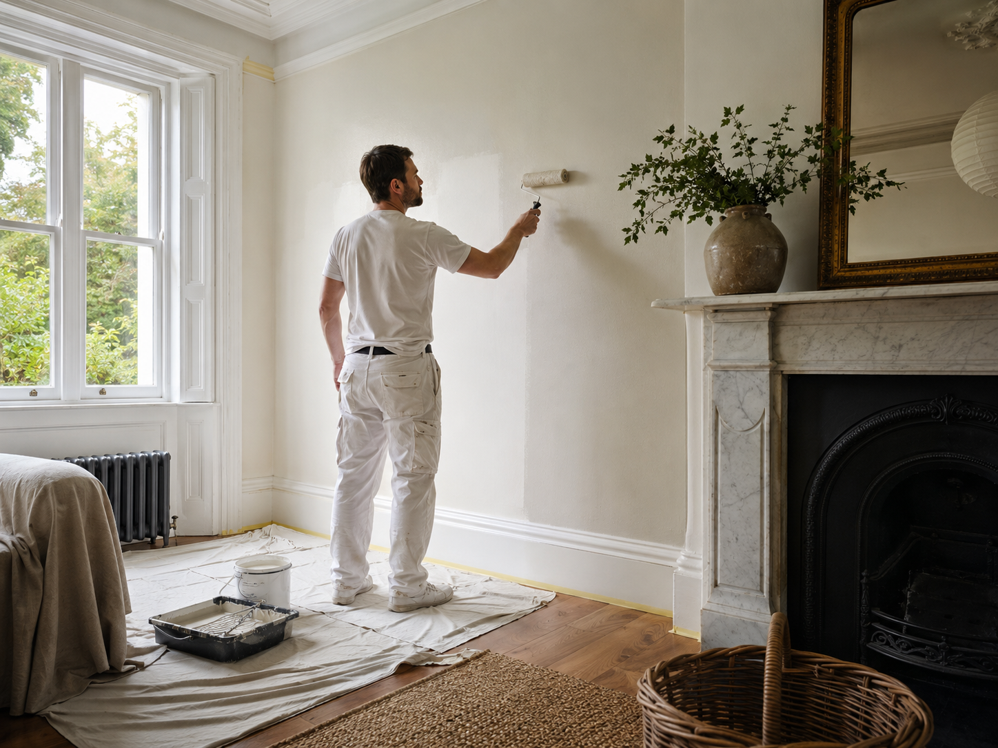 Professional decorator painting a period living room wall in Chichester