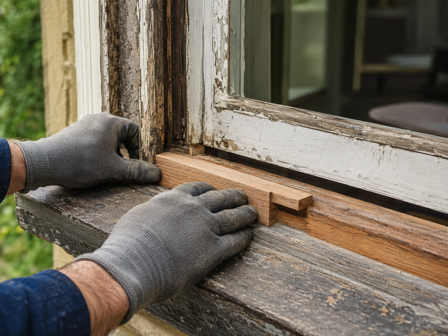 Timber sash window sill being repaired by a specialist decorator in Chichester