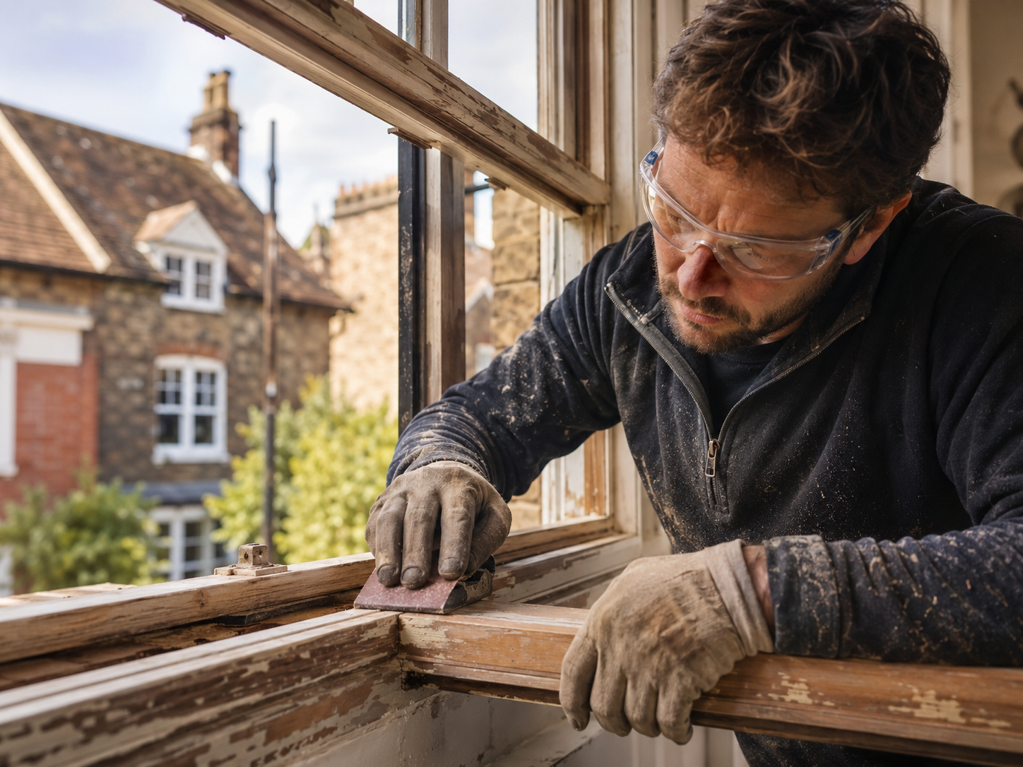 Specialist sanding and preparing an original timber sash window in Chichester