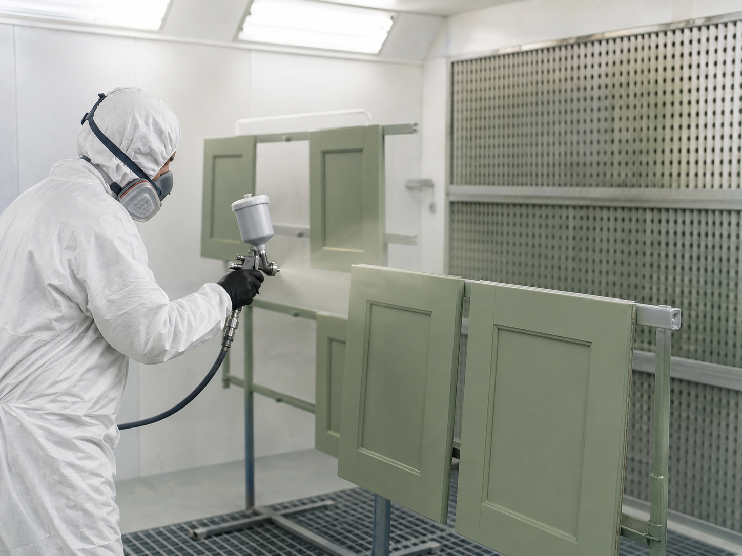 Professional spray finishing of sage green kitchen cabinet doors near Chichester
