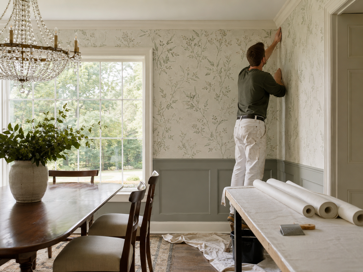 Decorator hanging botanical wallpaper in a period dining room in Chichester