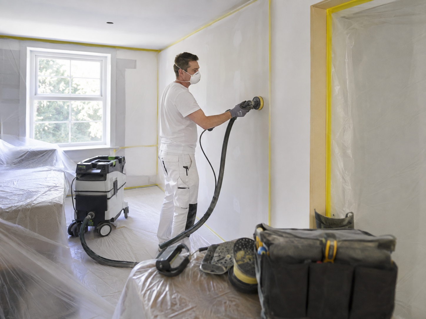 Decorator sanding a prepared interior wall using dust extraction in Chichester