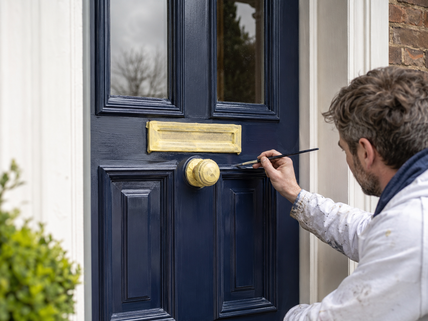 Decorator restoring a timber front door with a deep navy painted finish in Chichester