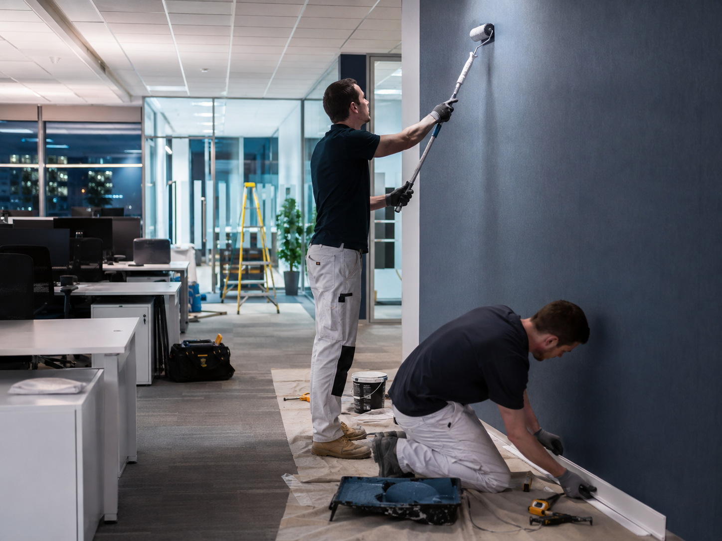 Professional decorators painting a commercial office feature wall in Chichester
