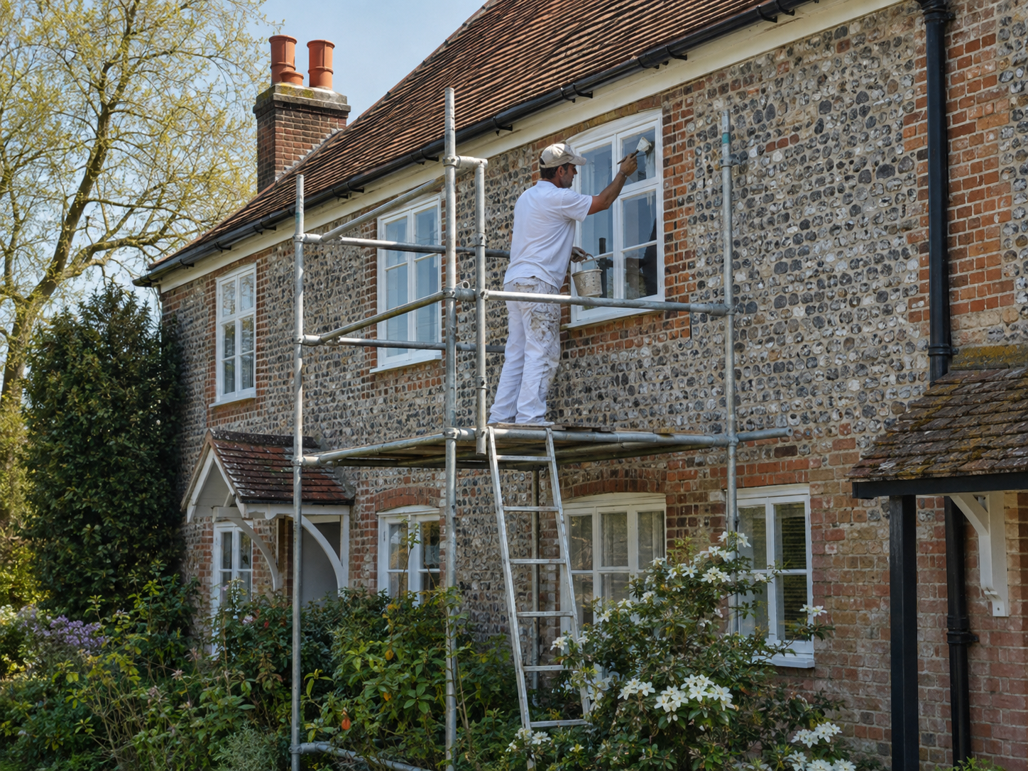 Decorator painting exterior sash windows on a flint cottage in West Sussex