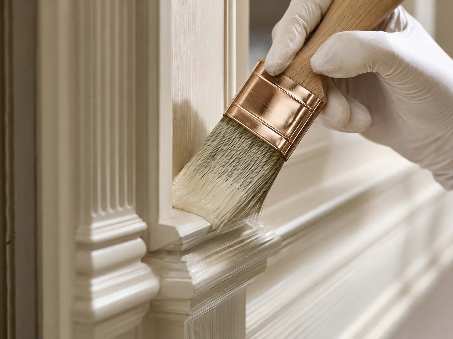 Decorator applying a smooth satin finish to detailed interior joinery in Chichester