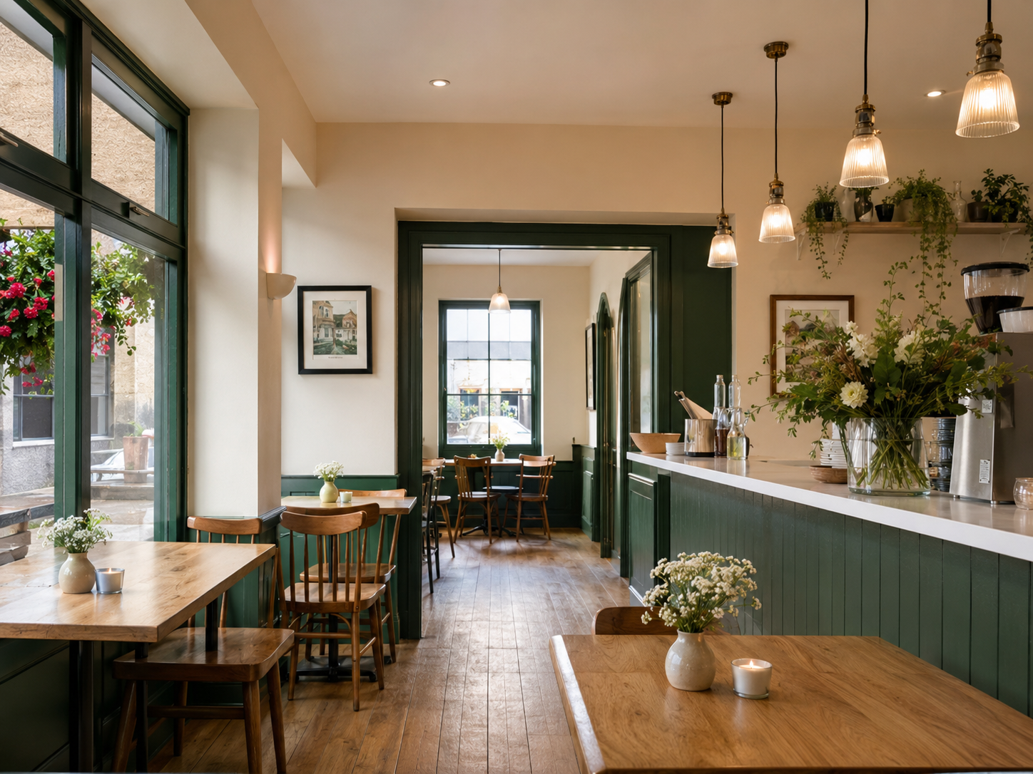 Finished café interior with deep green woodwork after commercial decorating in West Sussex